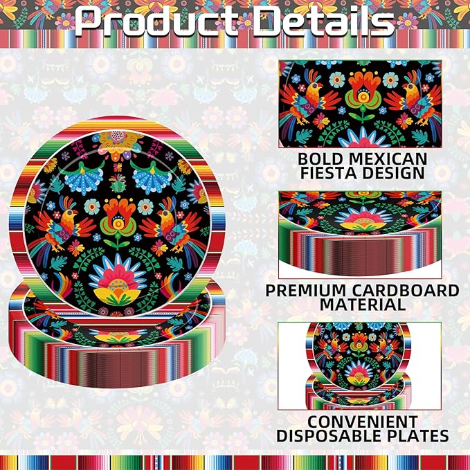 Pack of 50, 9-Inch Mexican Fiesta Paper Plates, Colorful Floral and Serape Stripe Design, Disposable Plates for Tacos, Snacks, Desserts, Cinco de Mayo Party Supplies, and Birthday Table Decorations