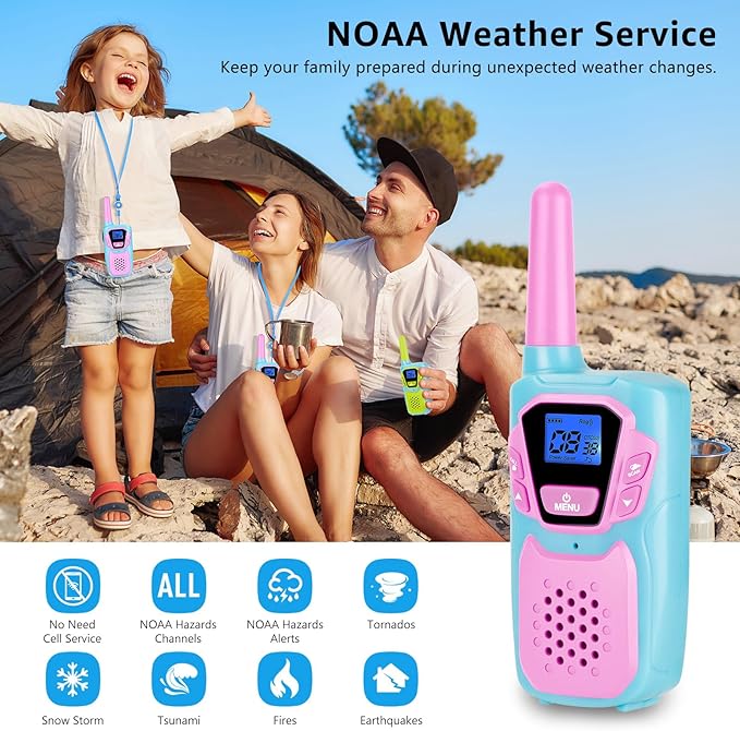Walkie Talkies for Kids Girls Boys Toddler Long Range Walkie-Talkie Rechargeable 2 Pack for Adults Seniors Camping Skiing Cruise, Family Pink 2 Way Radio Toys with Lanyard NOAA USB VOX