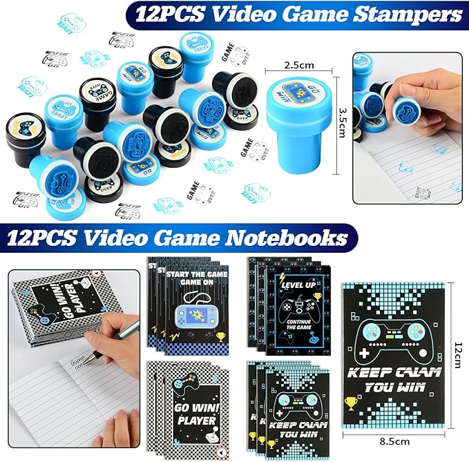KISPATTI 126 PCS Video Game Party Favors, Gaming Birthday Party Favors with Drawstring Bags VIP Pass Tickets Stamper Notebook Game On Party Favor Bags Gamer Party Supplies
