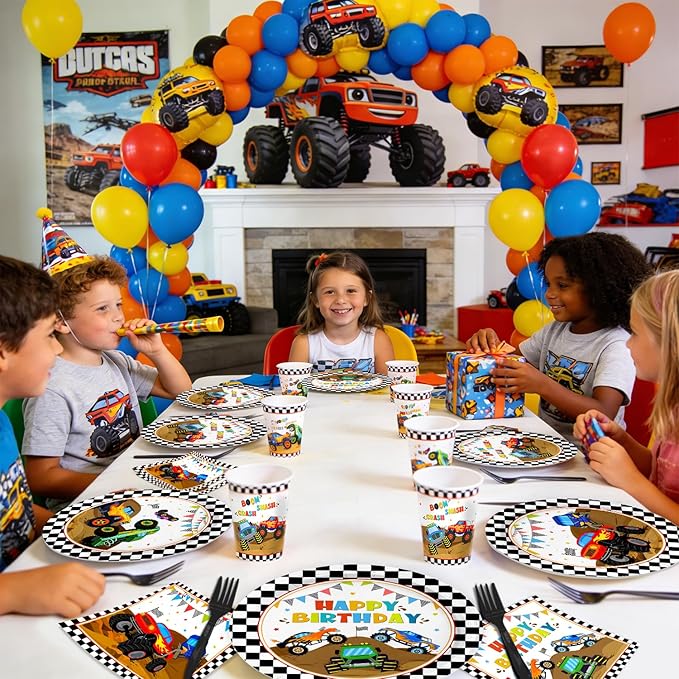 96 Pcs Truck Plates and Napkins Tableware Set (Serves 24), Party Supplies Include Plates Napkins and Forks for Truck Birthday Decorations