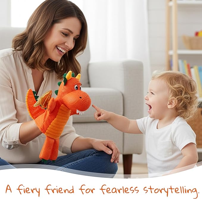 June Garden Plush Dragon Hand Puppet – Orange Fantasy Storytelling Toy with Golden Wings – Pretend Play Adventure for Toddlers and Kids