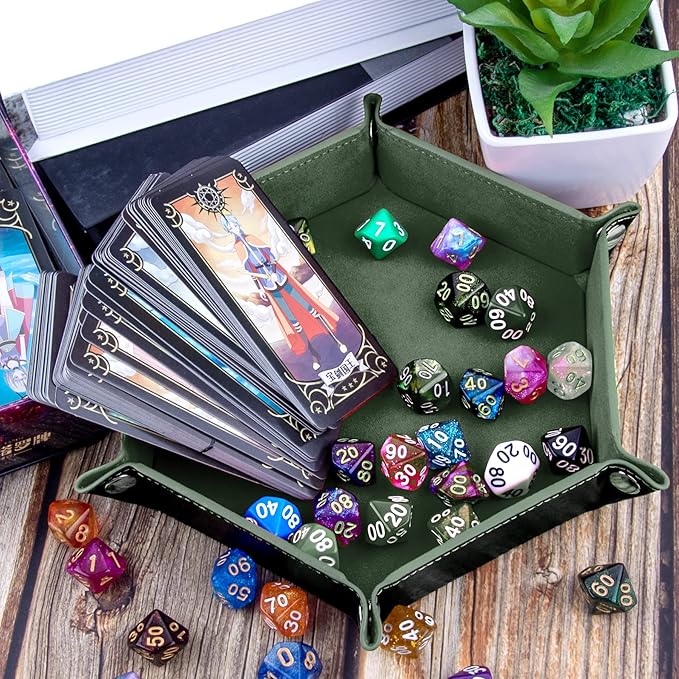 SIQUK 2 Pieces Dice Tray PU Leather Dice Trays Portable Folding Hexagon Dice Roller Tray for Dice Games Like RPG, DND and Other Table Games (Dark Green, Violet)