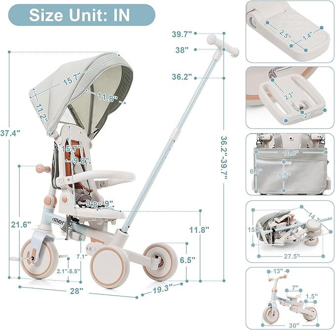 Toddler Trike Collapsible Frame Kid Rider Tricycle 7-in-1 Removable Pedal Ages 1Y-6Y