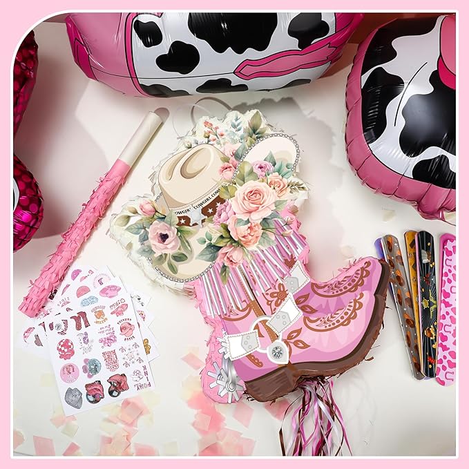 119pcs Cowgirl Boot Piñata Party Kit with Blindfold Hitting Stick Confetti Balloons Snap Bracelets Stickers for Western Cowboy Theme Birthday Party Decors