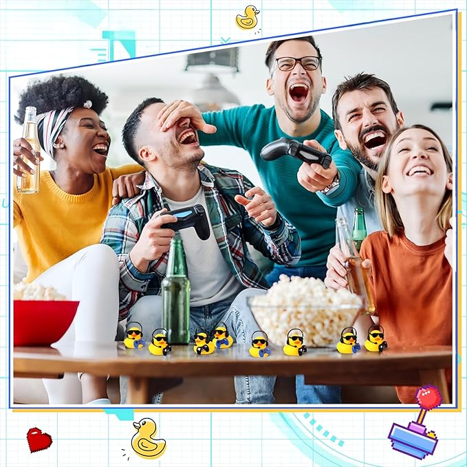 Leitee 24 Sets Video Game Party Favors Rubber Ducks with Mini Headset Glasses and Controllers Cute Bath Rubber Ducks Small Bathtub Accessories Toys for Birthday Swimming Party Favors Decoration