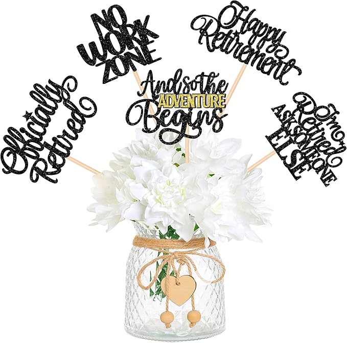 15 PCS Happy Retirement Centerpiece Sticks Officially Retired Table Flower Centerpieces Sticks No Work Zone Floral Decorations for Retirement Theme Farewell Birthday Party Centerpieces Supplies Black