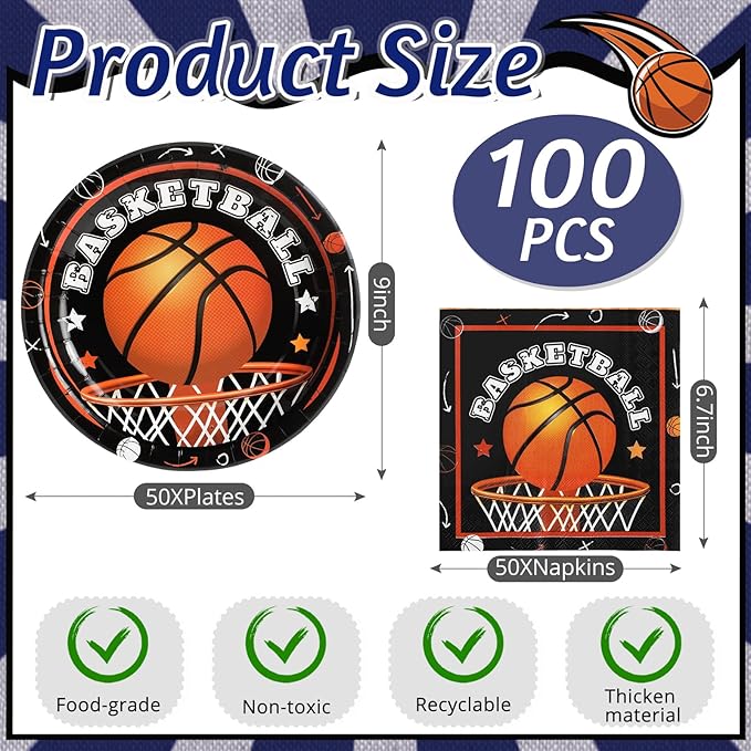 Umigy 100 Pcs Basketball Plates and Napkins Party Supplies Basketball Tableware Dinner Lunch Dessert Appetizer for Kids Boys Baby Shower Birthday Sport Party Decor Serves 50(Novel Style)