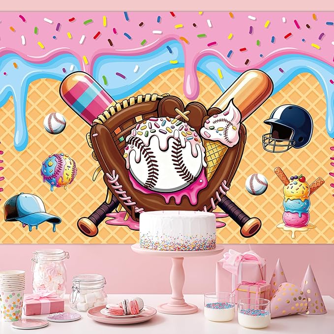Ice Cream Drip Baseball Party Decoration Baseball Ice Cream Theme Banner Sport Party Hanging Photo Booth Supplies Sport Birthday Parties Background banner for Kids Teenager Holiday Christmas Supplies