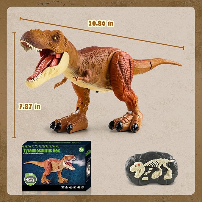 Tyrannosaurus Remote Control Dinosaur Toys for Kids 3-12, Adjustable Speed T Rex Toys with Mist Spray, Light & Roar, RC Robot Dinosaur Christmas, Birthday Gifts for Boys Girls（Brown）