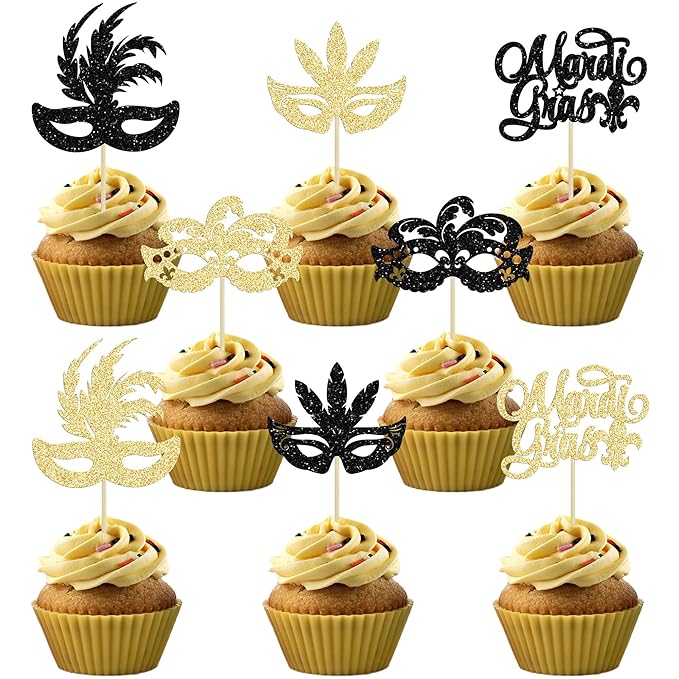 Gyufise 24Pcs Masquerade Masks Cupcake Toppers Black Gold Glitter Mardi Gras Cupcake Food Fruit Picks Masquerade Mardi Gras Party Baby Shower Birthday Party Cake Decorations