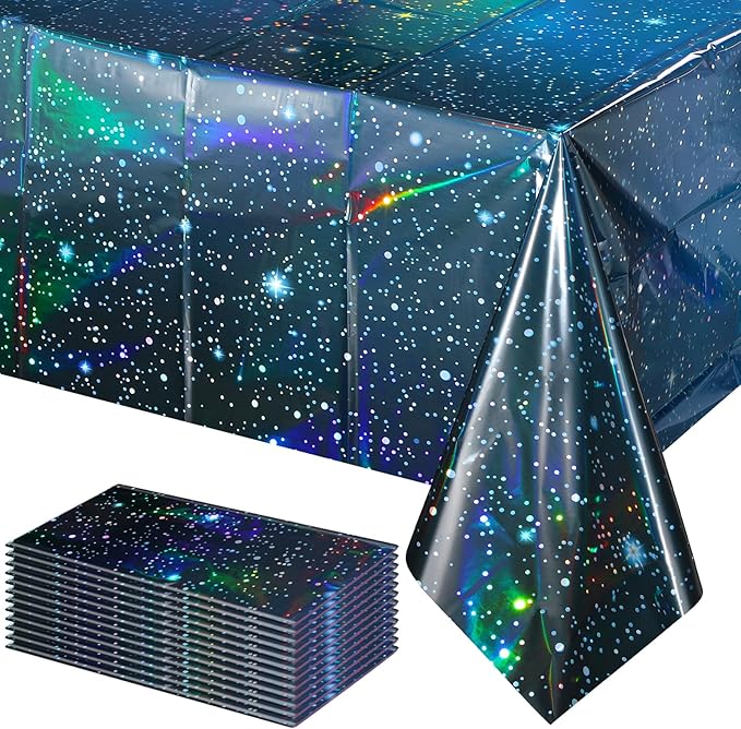 12Pcs Iridescent Space Tablecloths, Disposable Plastic Blue Galaxy Table Cloth Rectangle Table Covers for Space Starry Night Star Theme Party Birthday Party Decorations, 54x108 Inch