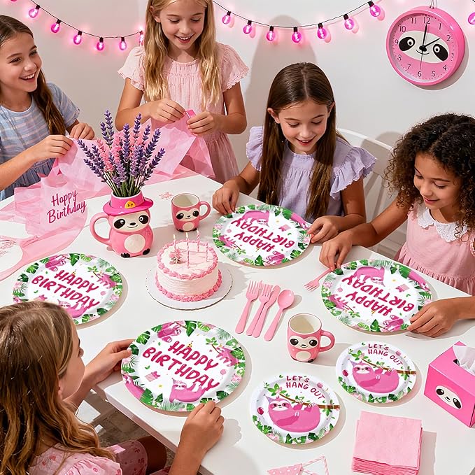 96Pcs Sloth Animal Birthday Party Supplies Hanging Pink Sloth Plates and Napkins Jungle Cute Animal Theme Tableware Set for Kids Girls Animal Theme Birthday Party Supplies，Serves 24