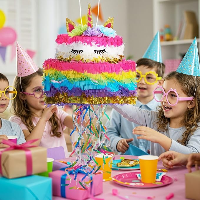 WERNNSAI Unicorn Cake Piñata Foldable - Unicorn Party Decorations Pink Girl Birthday Party Games Princess Piñata with Blindfold Bat and Tassels Happy Birthday Supplies for Kids Girls Classroom Game