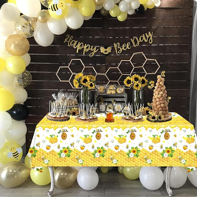 4 Pack Bee Tablecloth Happy Bee Day Tablecloths Rectangle Honey Bees Bumble Table Cover Bee Theme Party Tablecloth for Bee Baby Shower Bee Birthday Party Decorations 51 x 86 Inch