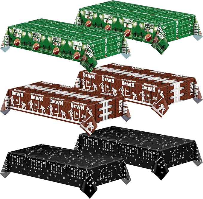 6 Pack Plastic Football Tablecloth, Superbowl Party Decorations 54 x 108 Inch Superbowl Tablecloth for Rectangle Tables Disposable Touchdown Table Cover for Football Theme Party Games Decor
