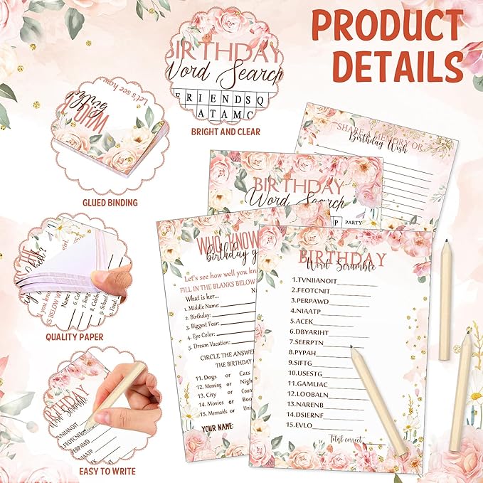 Fumete 100 Pcs Who Knows The Birthday Girl Best Cards with 20 Pre Pointed Pencils Set for 20 Guests, Girls Birthday Night Game Ideas, Girls Her Sleepover Party Supplies, 4 Activities(Rose)