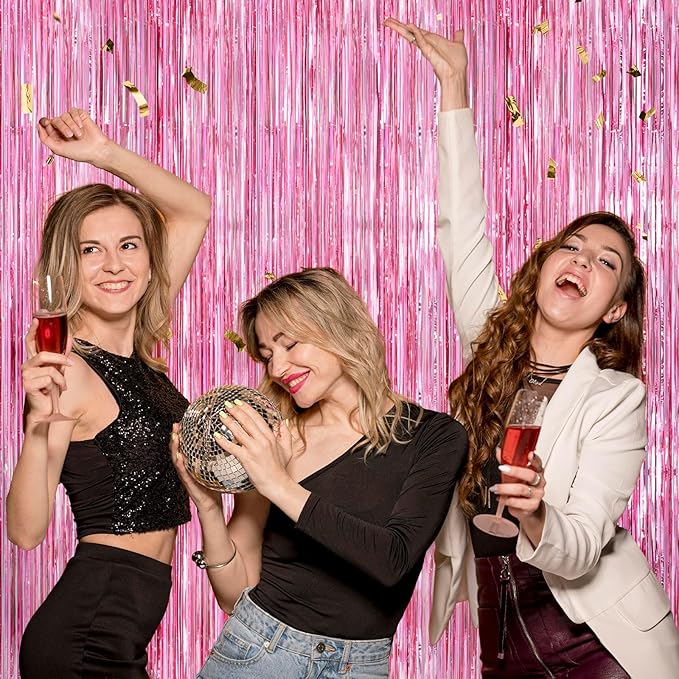 Pink Metallic Tinsel Foil Fringe Curtains Backdrop 2Pack 3.3x8.3Ft Pink Party Streamers for Birthday Party Decorations Halloween Christmas Decors Foil Curtain Backdrop for Bachelorette Wedding