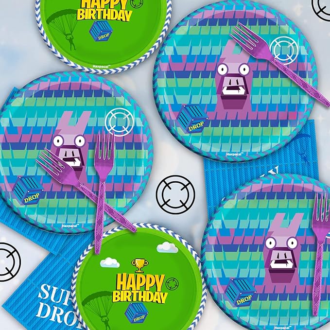 Video Games Party Tableware Supplies 64pcs Llama Set Including 32 pcs Plates, 16 pcs Forks and 16 pcs Napkins, Video Games Theme Party Baby Shower Birthday Decorations