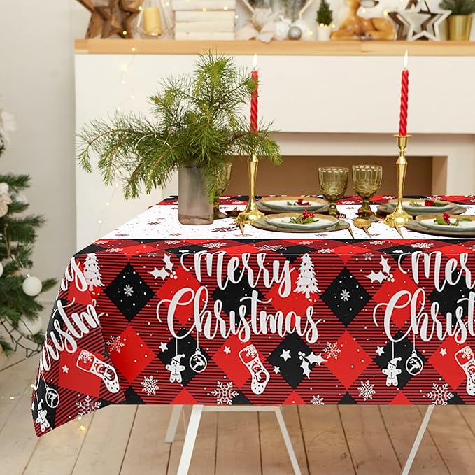 3Pcs Christmas Buffalo Plaid Snowflake Tablecloth, 51 x 86 Inch Red and Black Checkered Plastic Table Cover for Winter Holiday, New Year, Christmas Party Decorations
