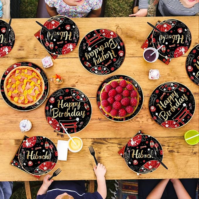 96Pcs Hibachi Birthday Decorations Black Red Japanese Cherry Plates and Napkins Japanese Hibachi Birthday Decorations Favors for Asian Japan Theme Vintage Baby Shower Party Supplies Serves 24