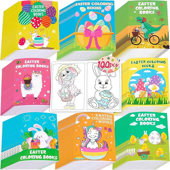 90shine 100PCS Easter Coloring Books for Kids Bulk, Spring Bunny Egg Crafts Basket Goodie Stuffer Bag Stuffers Exchange Gifts Party Favors Holiday Class Activity Supplies Decorations