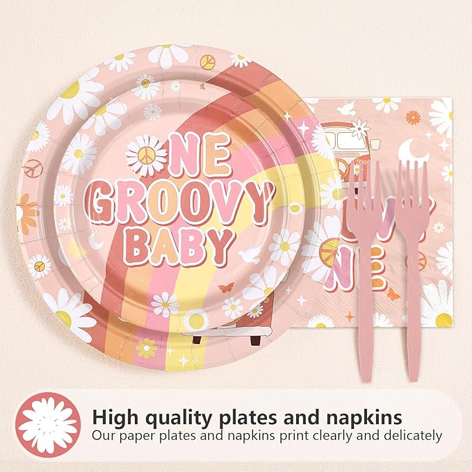 96Pcs Groovy One Birthday Party Decorations Boho Groovy 1st Birthday Plates and Napkins Tableware Set Daisy Flower Rainbow Boho Decorations for 1 Year Old Baby Shower Gender Reveal Supplies Serves 24