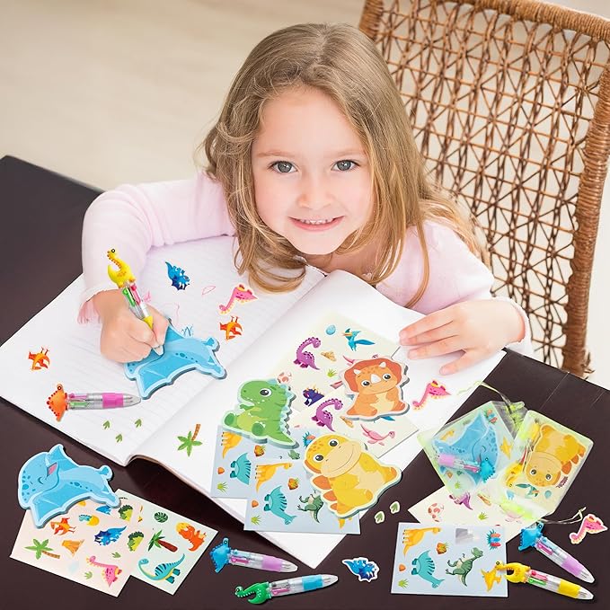 CY2SIDE Dinosaur Stationery Party Gift - 24 Pack Spring Stuffers Prizes with Dino 4-in-1 Ballpoint Pens Sticky Notes Stickers and Organza Animal Party Favors Goodie Bag Fillers for School Rewards