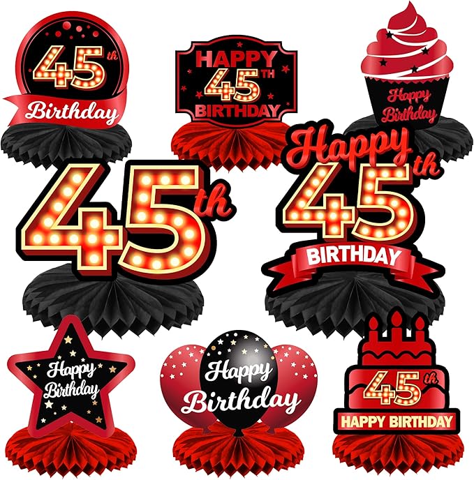 Happy 45th Birthday Red and Black Table Honeycomb Centerpieces Balloons Theme Decor Table Decorations Table Toppers for Girls Women Princess 45 Years Old Birthday Party Bday Supplies Background Gold