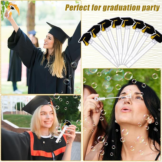 48 Pcs 4.2'' Mini Bubble Wands Bubbles Party Favors Birthday Party Supplies Favor Decorations for Gift Back to School Goodie Bag, Contains Liquid(Graduation Hats)