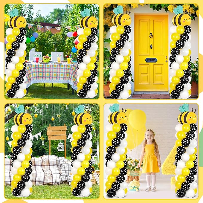 2 Sets Bee Birthday Party Balloon Column Stand Kit With 102 Bumble Bee Foil 5.57Ft Adjustable Balloon Tower Stand With Base Honey Bees Arch Column for Gender Reveal Birthday Baby Shower Party Supplies