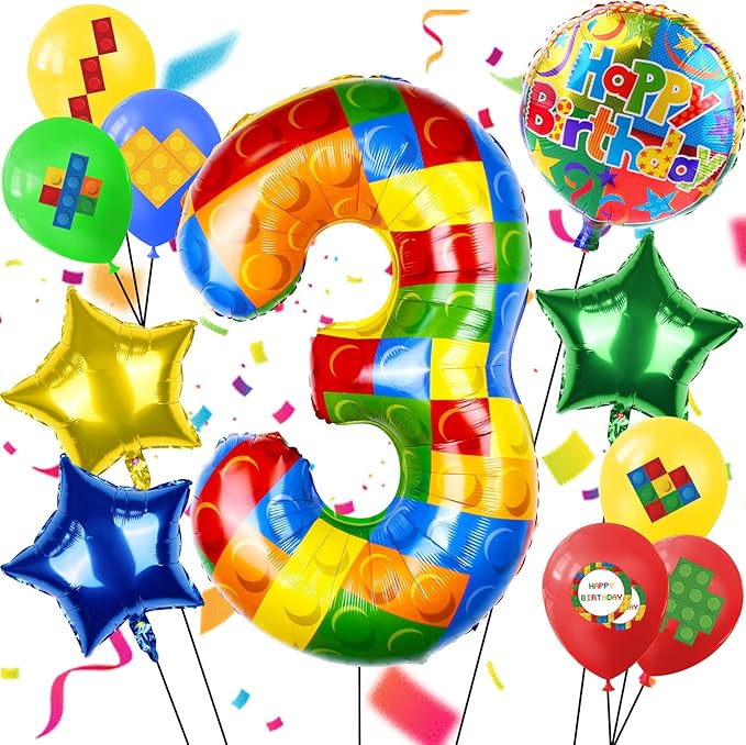 40 Inch Building Block Number Balloon, Colorful Number Block Foil Number 3 Balloons Large Big Numbers Helium Balloon for Girls Boys 1th Birthday Brick Theme Party Decorations (Number 3)