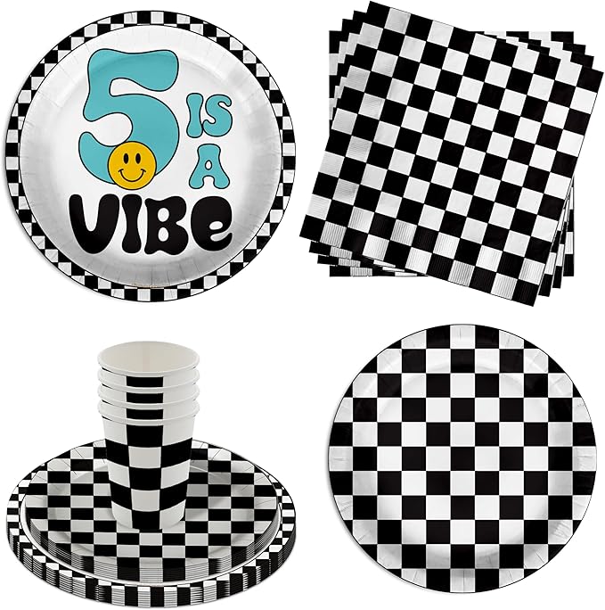 Birthday Galore Five is a Vibe Smiley Face Theme Supplies – 64 Pieces Tableware Set with Plates, Napkins, & Cups – A Quick, Easy Setup for a Bright, Cheerful 5th Birthday Bash Celebration – Kit for 16