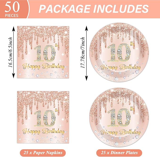 50Pcs Rose Gold 10th Birthday Party Paper Plates and Napkins Girls 7 Inch Rose Gold 10 years Old Table Decorations Happy Ten Years Old Tableware Set Serves 25 Guest Pink 10th Birthday Party Supplies