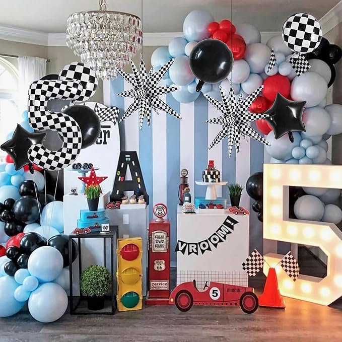 TONIFUL 40 Inch Checkered 5th Birthday Balloons Set Number 5 Race Car Black White Checkered Round Explosion Star Balloons Boys Race Car Themed Birthday Party Decoraction