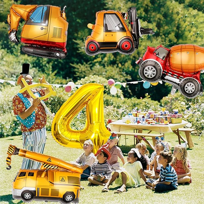 Construction Birthday Party Supplies 4 Year Old, Large Construction Balloons 40Inch Gold Number 4 Balloon Construction Truck Foil Balloons for Boys 4th Construction Birthday Party Decorations