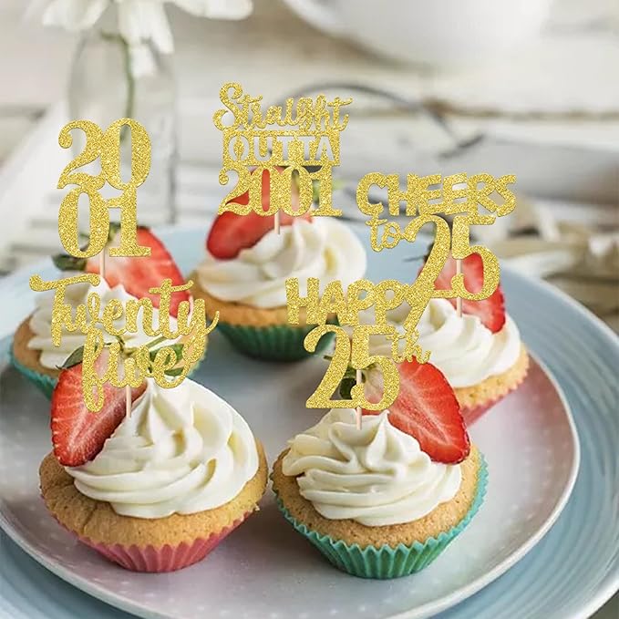 30PCS Straight Outta 2001 Cupcake Toppers Gold Glitter Twenty Five Happy 25th Birthday Cupcake Picks Cheers to 25 Years Cake Decorations for 25th Birthday Anniversary Party Decoration Supplies