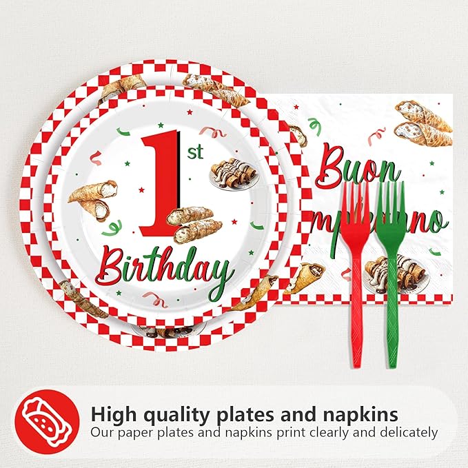96Pcs Cannoli 1st Birthday Decorations Holy Cannoli I’m One Plates and Napkins Tableware Sets for Italian Pizza Food Theme Italy Baby Shower 1 Year Old Birthday Supplies Serves 24