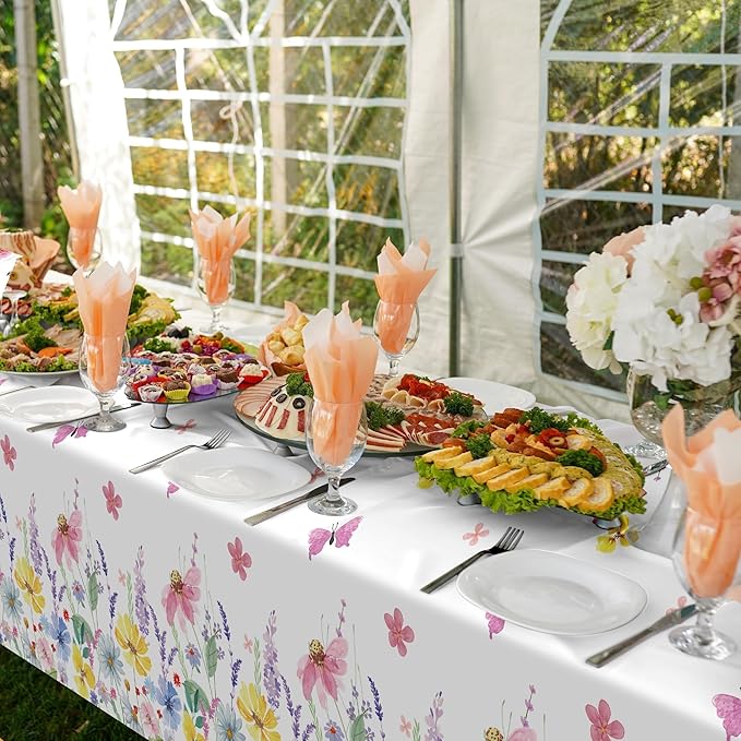 Kochorie Spring Flower Tablecloth Roll with Cutting Box 54 Inch x 100 Feet Butterfly Wildflower Plastic Disposable Tablecloth Picnic Themed Backdrop Tea Party Supplies for Holiday Weeding Birthday