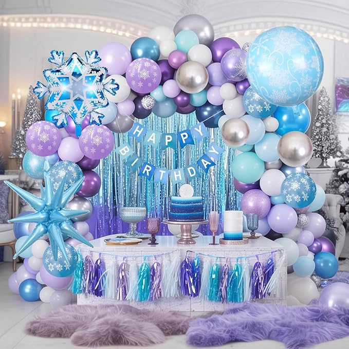 Winter Snow Birthday Party Decorations, 4D Snowflake Winter Wonderlan Balloon Garland Arch Kit Blue Purple Silver Balloons for Princess Baby Its Cold Outside Onderland Birthday Party Decoration
