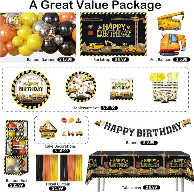 287Pcs Construction Birthday Party Supplies, 25 Construction Theme Tableware, All-in-1 Pack Includes Backdrop Tablecloth Balloon Boxes Balloon Kit for Construction Birthday Decorations