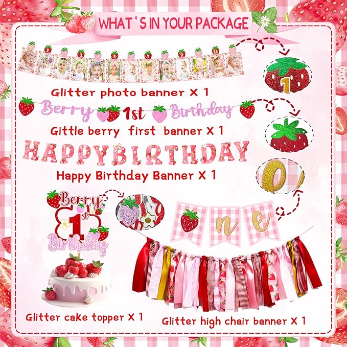Strawberry first Birthday Decorations for Girls Berry Sweet One Strawberry 1st Birthday Decor Party Supplies include Photo Banner Highchair Banner Crown Balloon Boxes Backdrop Tableware Set