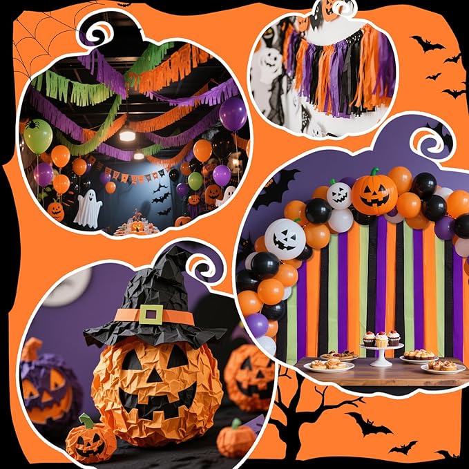 Riqiaqia Halloween Streamers, 8 Rolls Black & Orange Crepe Paper Streamers for Halloween Party Decorations, Birthday & Home Backdrop Decorations