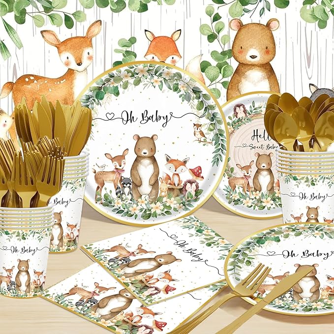 Woodland Baby Shower Party Supplies - 175 Pcs Safari Jungle Animal Wild Animal Party Decorations Nature Sage Plates Napkin Cups Spoons Forks Knives Tableware Set, Serves 25 Guests