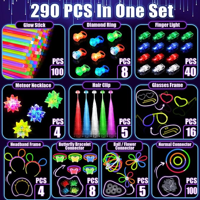 New Years Eve Party Supplies 2026, Glow in the Dark Party Supplies for Kids Adults, Light Up Party Favors with 57 LED Light Up Toys, 100 Glow Sticks Bulk DIY Glow Necklaces Neon Party Decorations