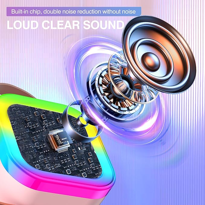 Mini Karaoke Machine for Kids Ages 2-12, Portable Wireless Karaoke Speaker with LED Party Lights & 2 Wireless Microphones, Perfect Birthday & Holiday Toys Gifts for Girls Boys（K12-Pink）