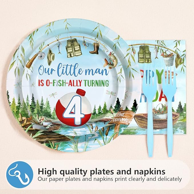 96Pcs Fishing 4th Birthday Party Decorations Gone Fishing Four Paper Plates and Napkins Ofishally Four Disposable Tableware Set for Fisherman Baby Shower 4th Birthday Party Supplies, Serves 24