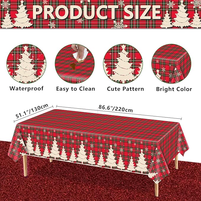 4 Pack Christmas Table Cloth Christmas Checkered Tablecloth Buffalo Plaid Table Cloth Christmas Party Table Cover Xmas Party Decoration with Christmas Tree and Snowflake 51 X 86 in