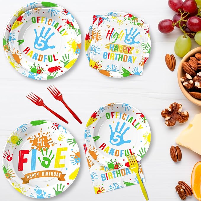 96Pcs Hi Five Birthday Decorations Colorful High Five Birthday Party Plates and Napkins Disposable 5 Year Old Tableware for Kids Boys Girls 5th Party Supplies, Serves 24