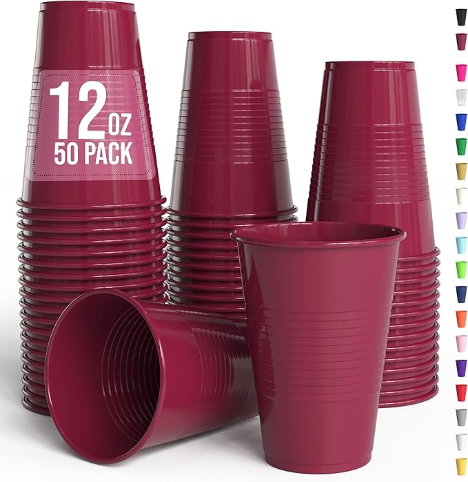 Exquisite Party Solids 12 Oz Burgundy Plastic Cups For Party Supplies 50 Pack | Burgundy Disposable Cups Plastic | Disposable Drinkware For Parties, Events & Everyday