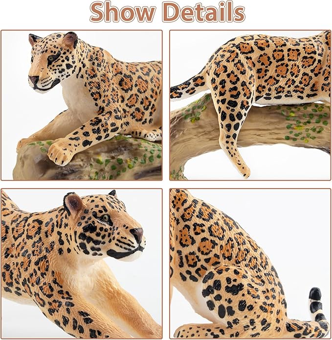 Toymany 7PCS Leopards Figurines with Leopards Cub and Tree Trunk, Realistic Jungle Animals Figures Family Playset, Educational Toy Cake Toppers
